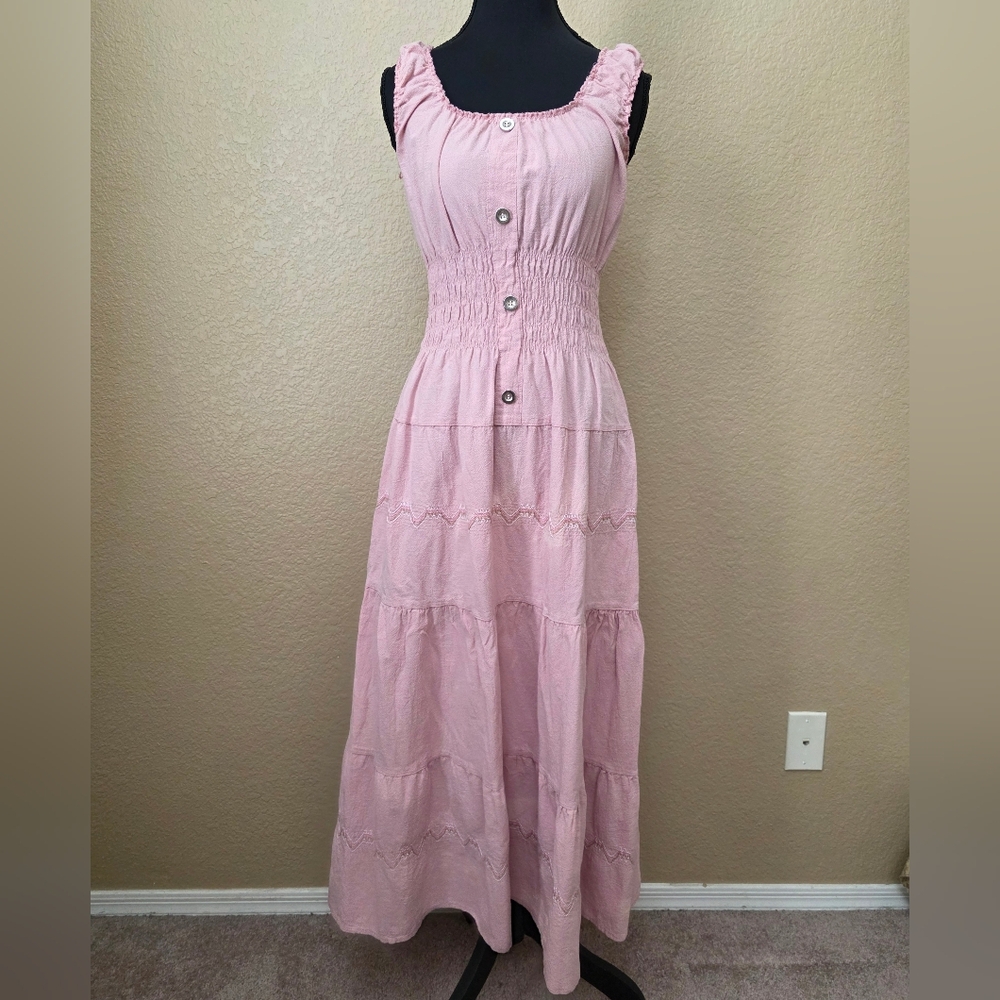 Lapis Sleeveless Boho Blush Pastel Pink Maxi Dress w/Embroidery. Linen Size S